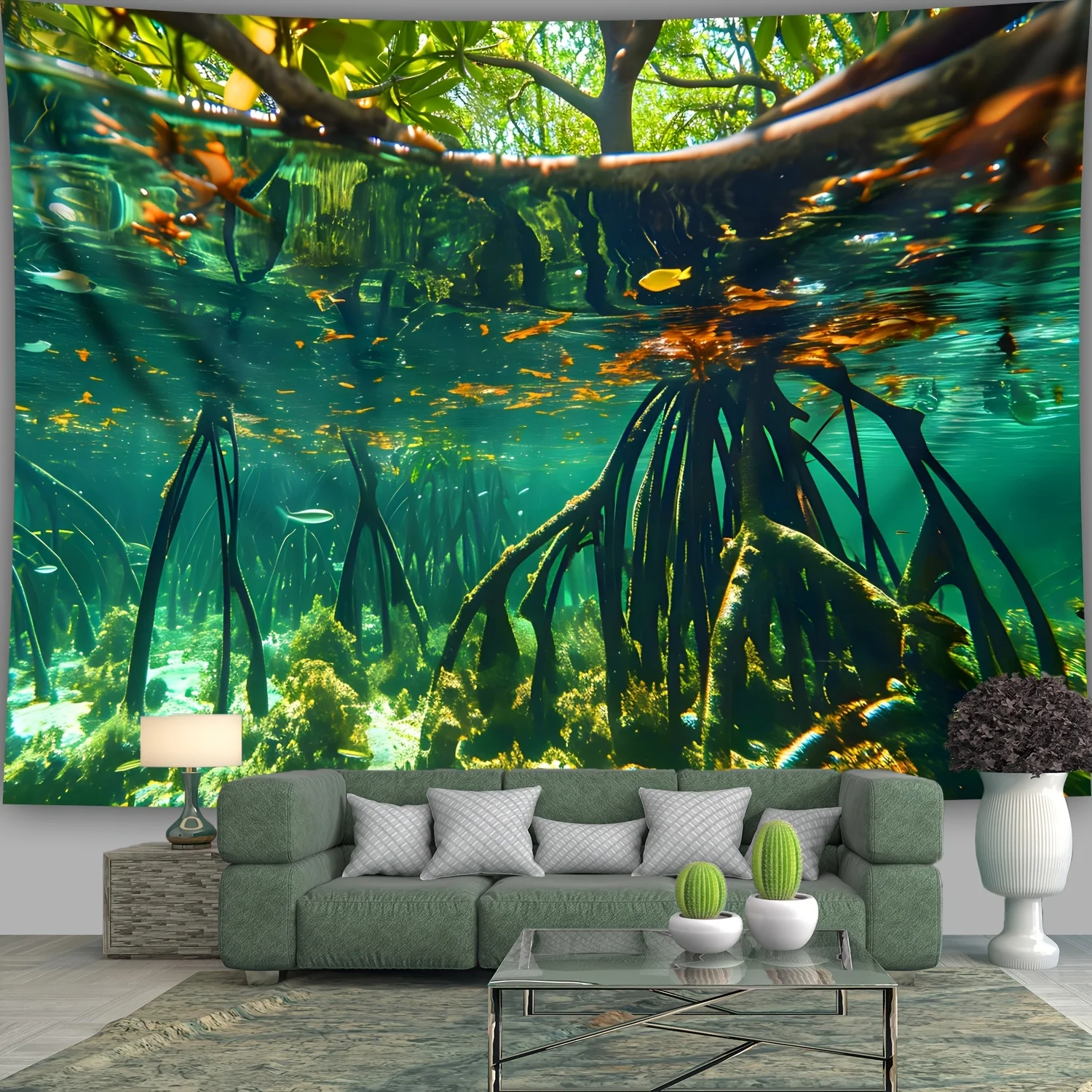 Underwater Tree Roots Landscape Tapestry, HD Digital Print Nature Wall Decor for Living Room and Live Streaming Backdrop