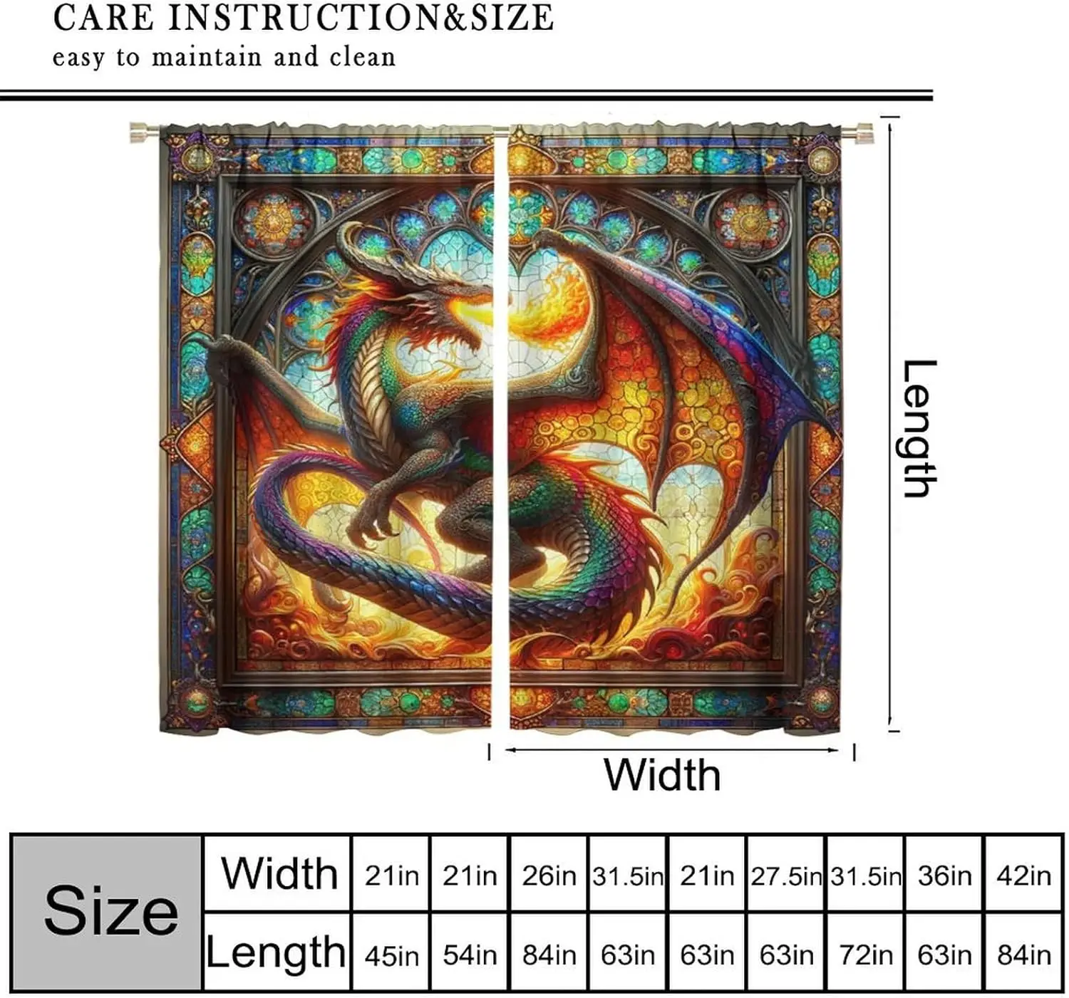 Western Dragon Kids Curtains, Colourful Dragon Art Printed Window Drapes for Boys Girls Bedroom and Game Room, 2 Panels