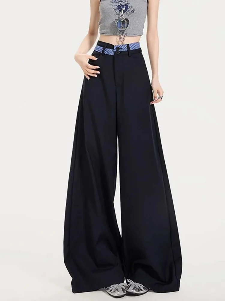 Plaid Patchwork Suit Pants Women Summer Loose Casual Office Lady Wide Leg Trouser Vintage Preppy Baggy Navy Blue Female Pants