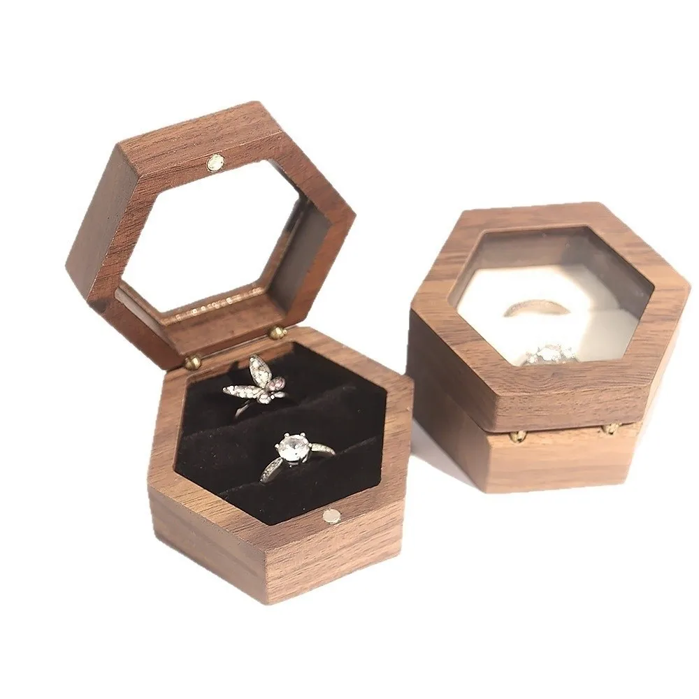 New Wooden Jewelry Box Retro Hexagon Lover Ring Display Box Storage Holder Love Gift