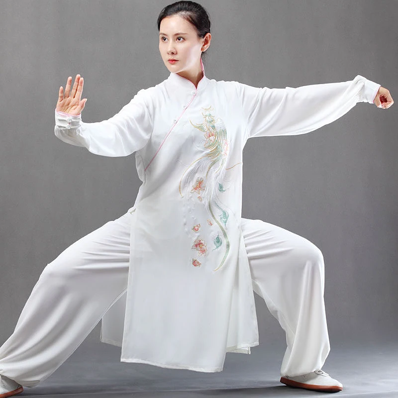 Custom Made Phoenix Floral Tai Chi Suit, Women's Asymmetrical Long Spring/Autumn Brand Premium Practice Wear