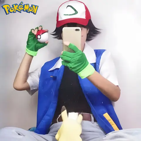 New Blue Jacket Pokemon Men Cosplay Costume Boys Ash Ketchum For Halloween Party Trainer Gloves And Cap Set Anime Christmas Gift