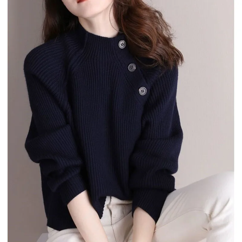 New Autumn/Winter Fashion Design Sense Half High Neck Button Solid Loose Versatile Casual Style Long Sleeve Knitted Sweater