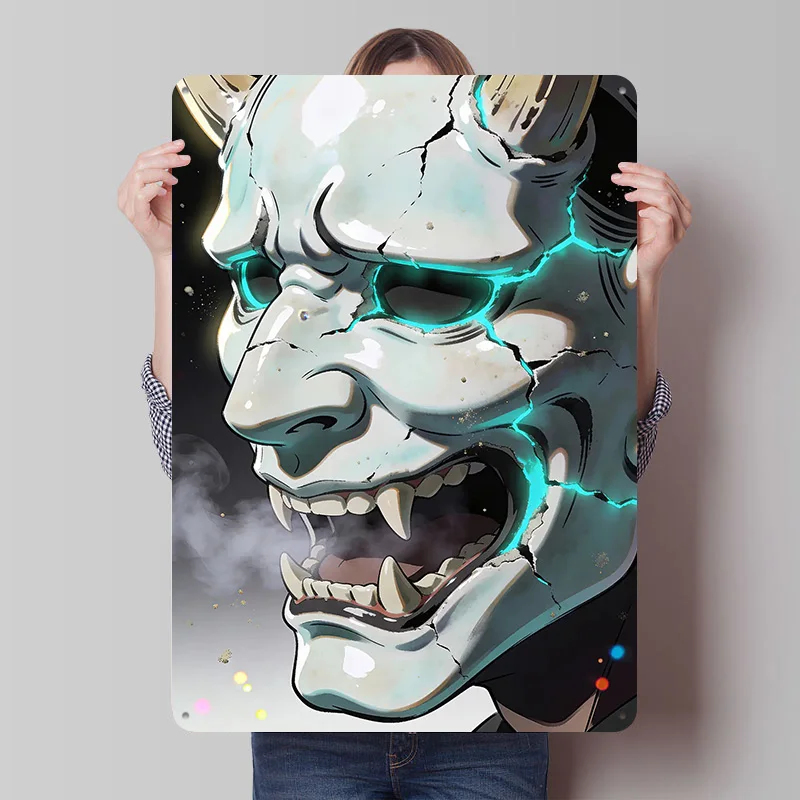 Cracked Oni Mask With Glowing Eyes Poster Customized Vintage Metal Signs Wall Art Retro Tin Plaque for House Decoration Room