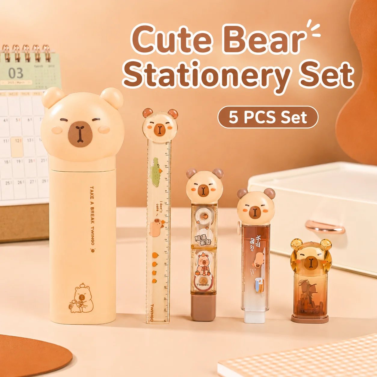 Cute Bear Stationery Set 5Pcs Pen Holder Ruler Correction Tape Eraser Sharpener Portable Study School Office Supplies Gift Set
