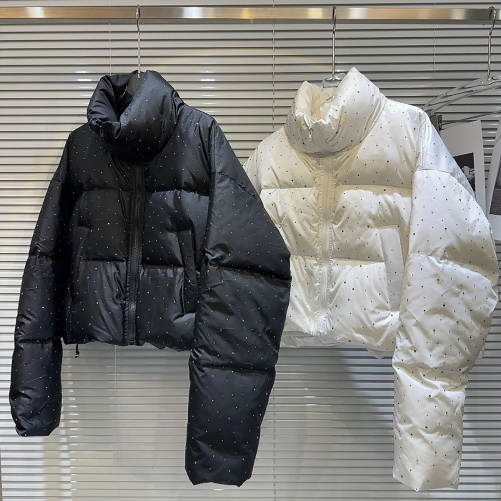 Women Down Cotton Jackets Winter Trendy Glitter Diamond Rivet Short Cotton Coats Thick Warm Quilted Jacket Outerwear Female