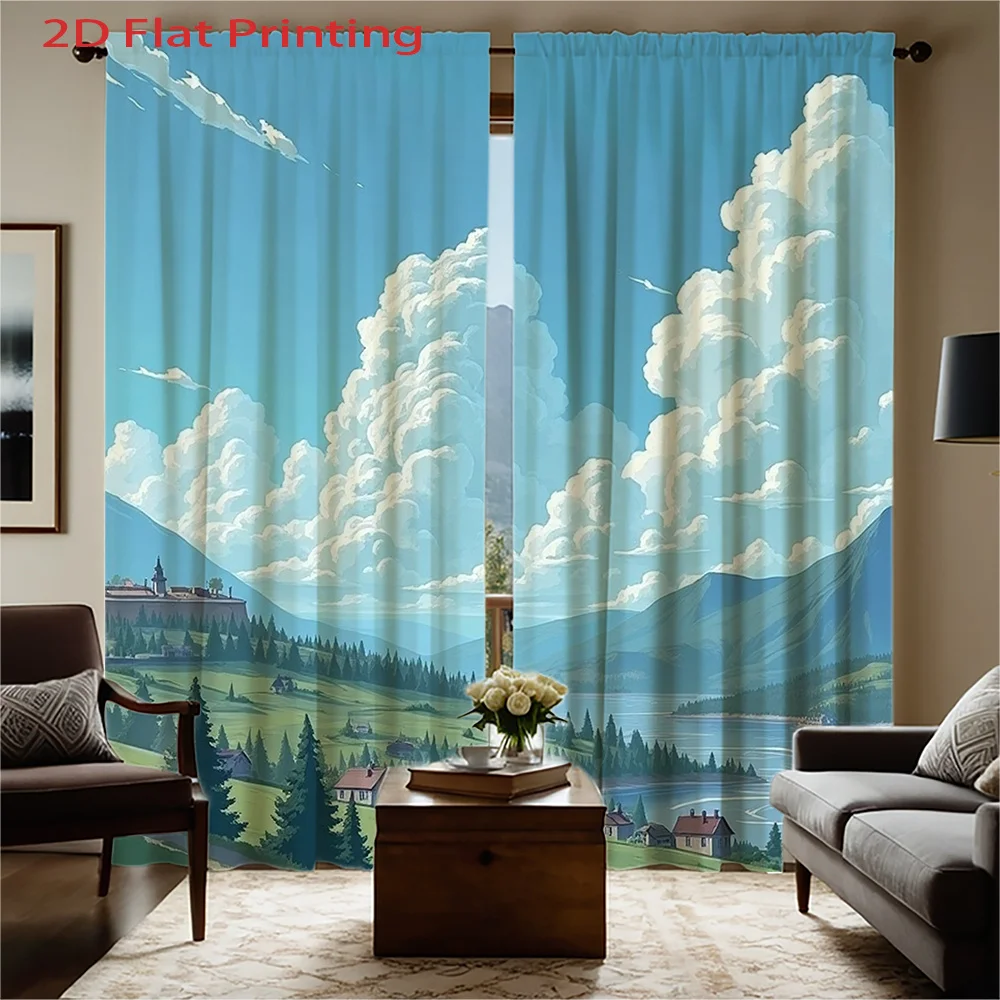 Scenic Landscape Curtain Pair 2pcs for Living Room Window Cloud Sky Mountain View Nature Decorative Drapes Digital Print