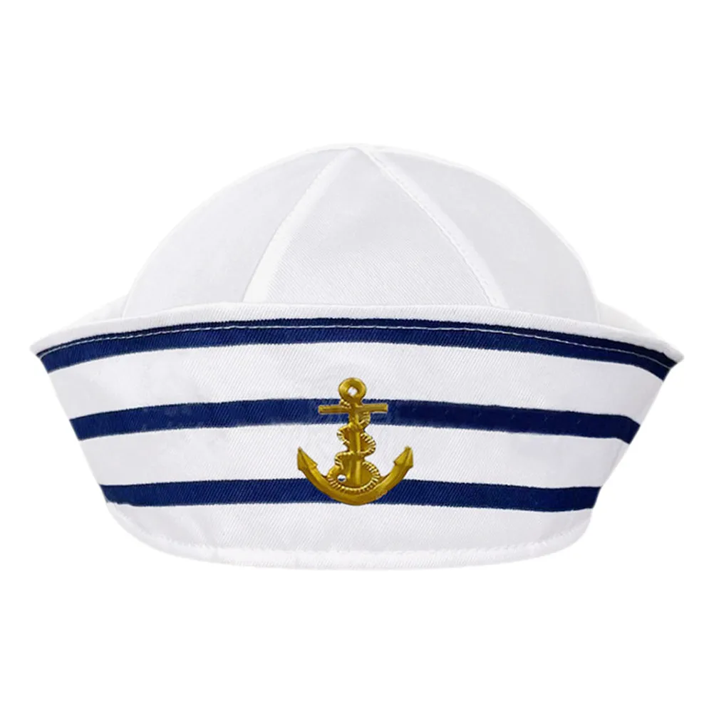 Blue White Sailor Hat Dome Brim Style Classic Navy Stripes Secure Fit Lightweight Breathable Nautical Theme Cosplay Party
