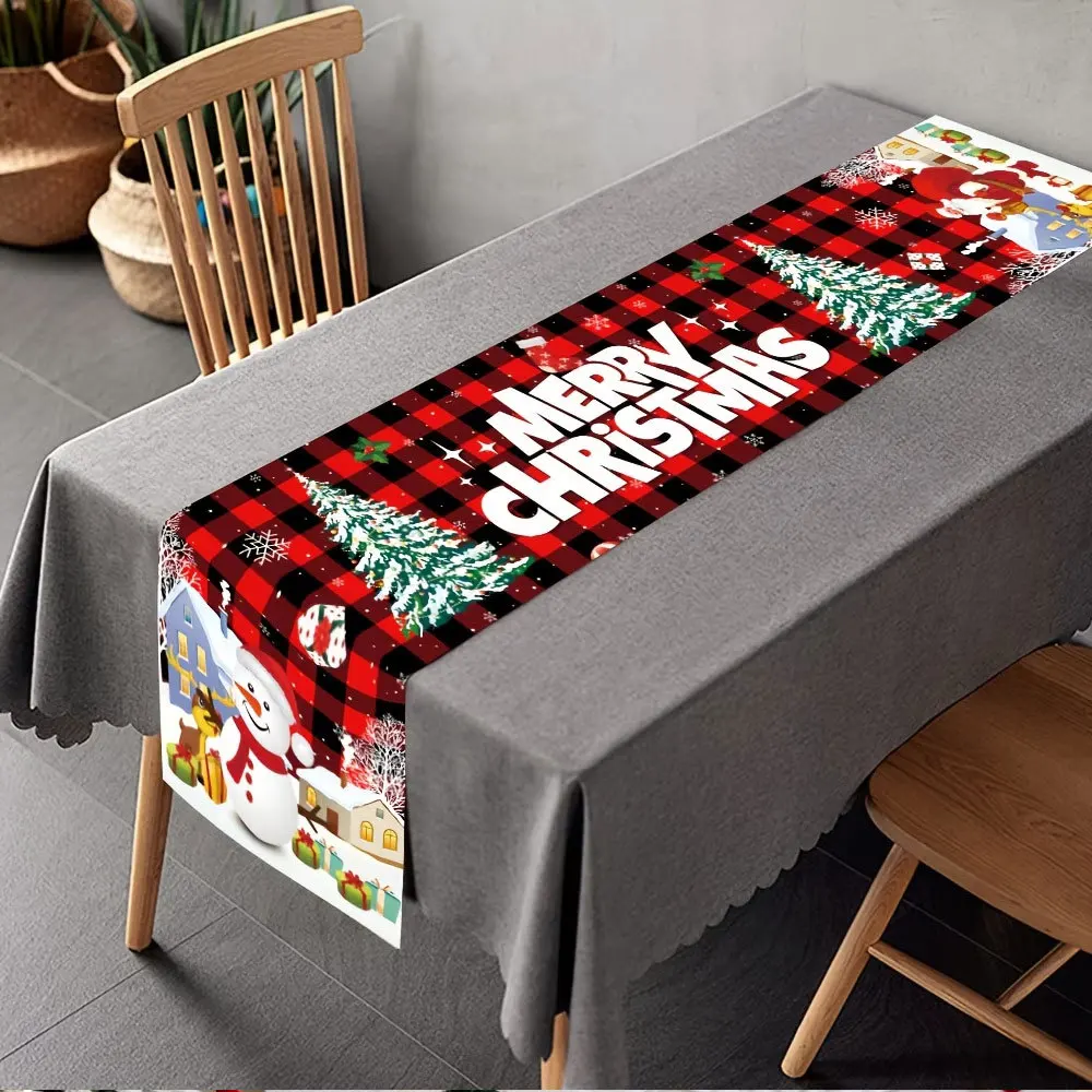 Linen Table Runner Snowman Christmas Tree  Gift Print Cream Winter Holiday Table Centerpiece  Dining Room