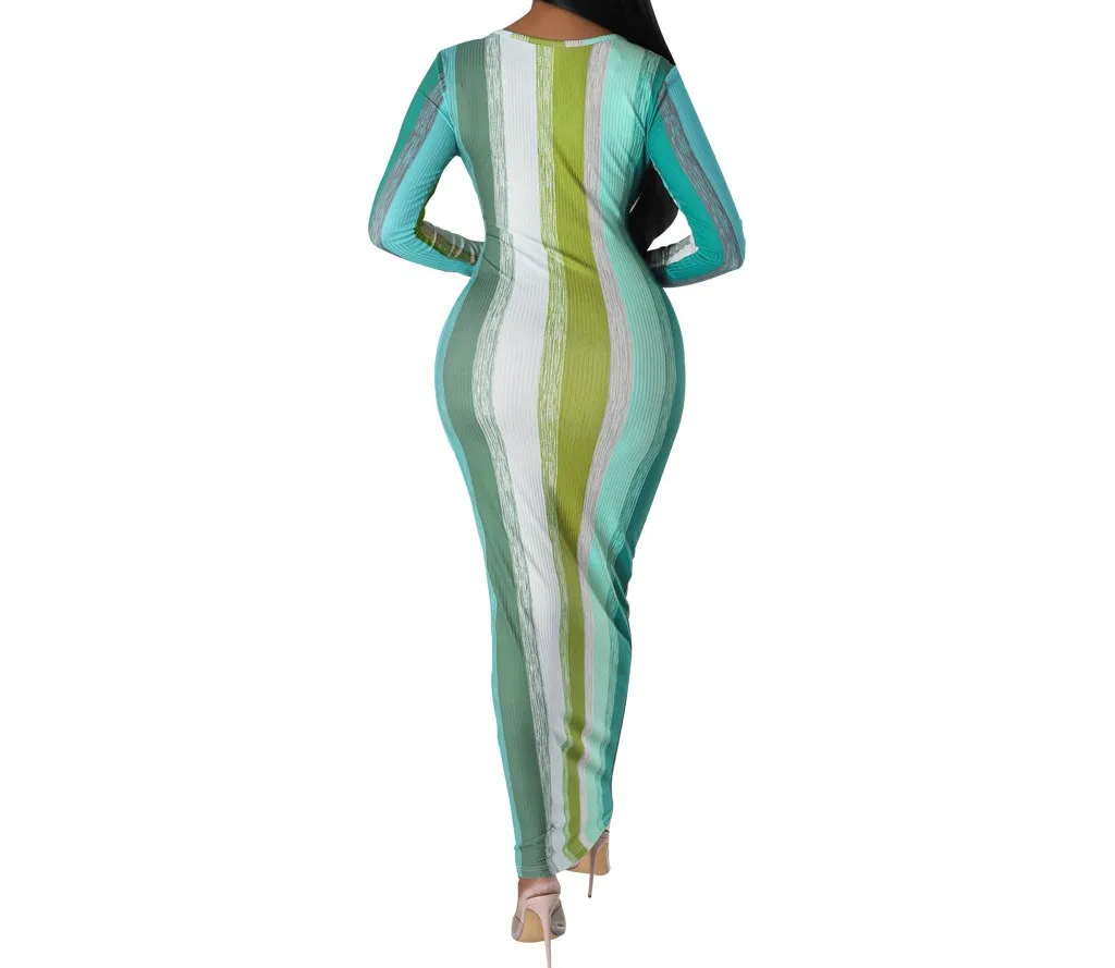 Damen Gestreiftes Geripptes Bodycon Maxikleid Langarm Rundhalsausschnitt Figurbetont Buntes Lässiges Partykleid – Detail 2