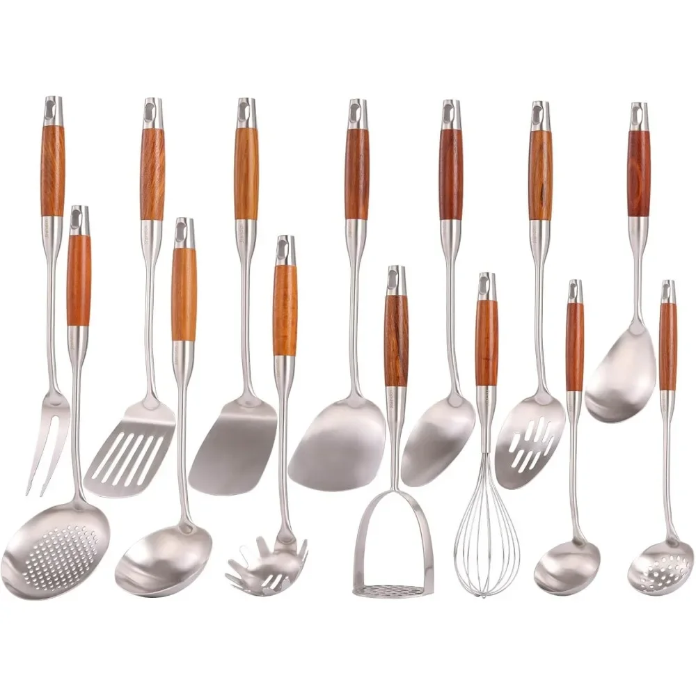 

14 Piece Stainless Steel Cooking Tools with Wooden Handles Spoons Whisk Masher Spatula Turner Ladle Skimmer Pasta Fork