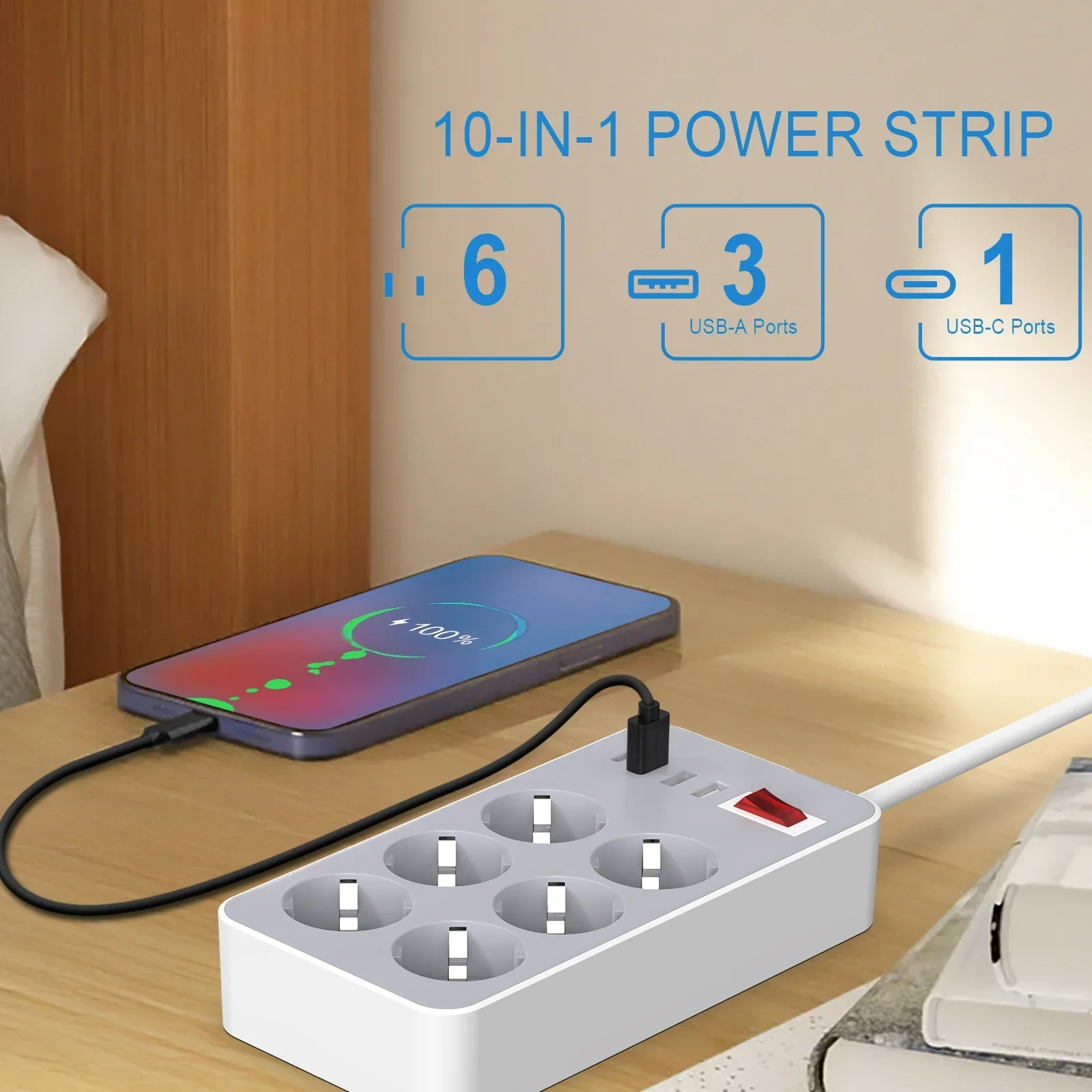 1 power board, surge protector, with 6 AC sockets, 3 USB ports, and 1 Type-C port, suitable for home, office, and dormitory use