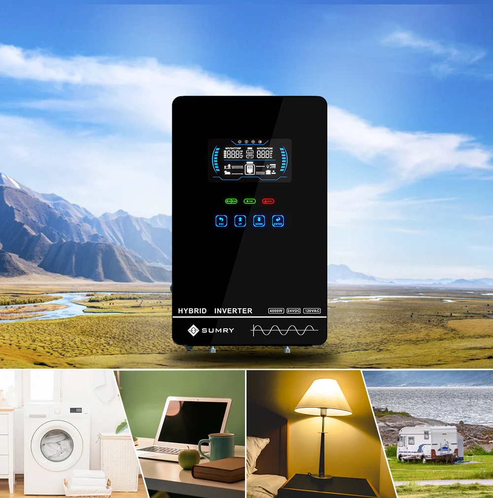 Sumry 4kw عاكس هجين خارج الشبكة موجة جيبية نقية عاكس للطاقة الشمسية 24 فولت 140A 5600 واط 50 هرتز/60 هرتز لشاشة الكريستال السائل 6.25 بوصة