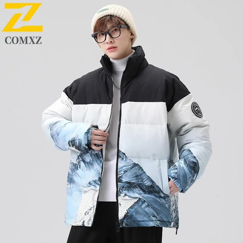 

COMXZ Men padded Clothing Autumn Winter New Color-block Trend Print Thickened Warm Outdoor Sports Stand Collar Coat Down Jacket