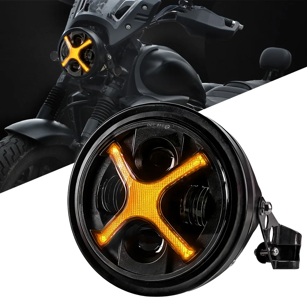 

7" Round Motorcycle Headlight Kit w/ Yellow X-Shape DRL/Turn Signals, Black Barrel Housing & Bracket, Universal Fit