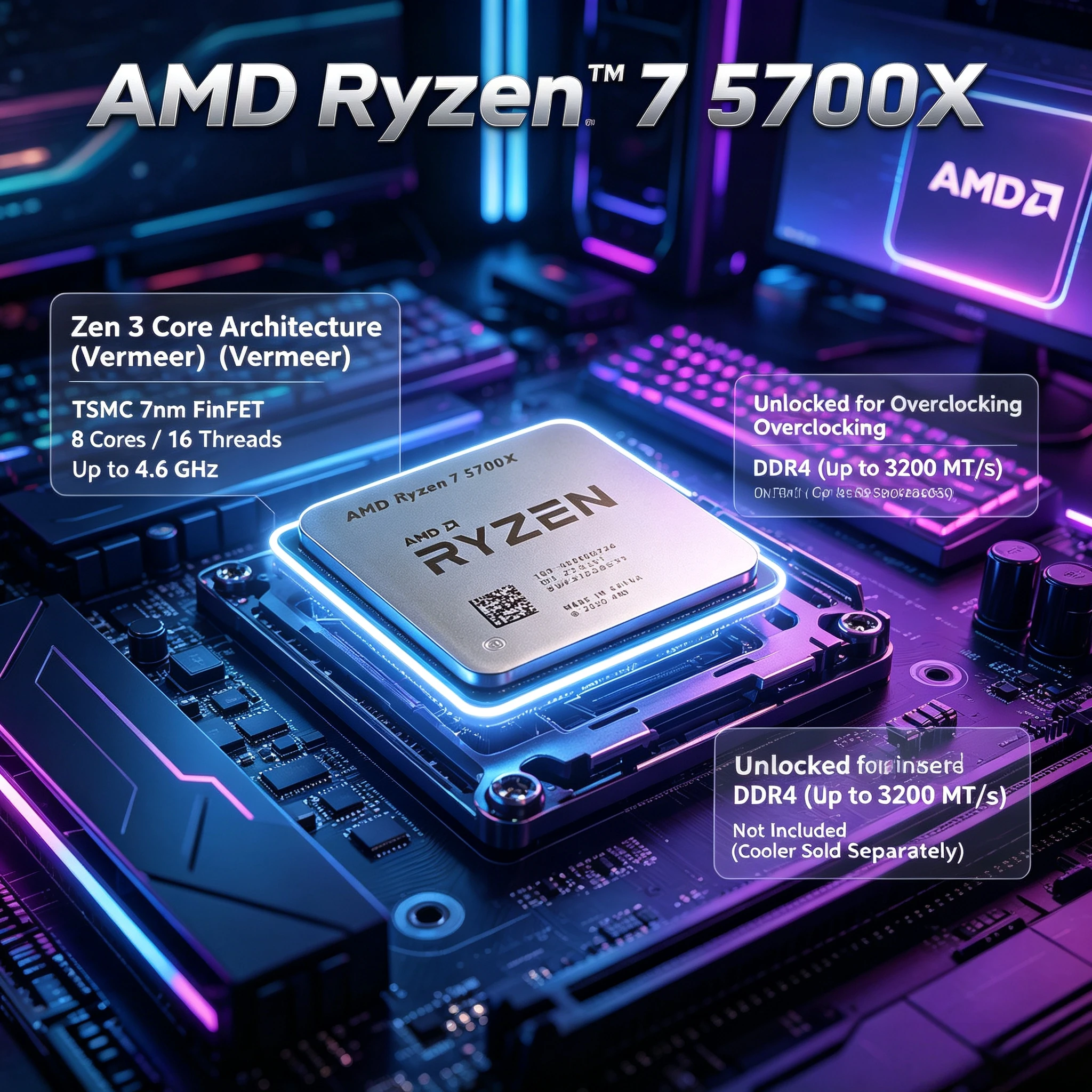 

AMD Ryzen 7 5700X 8-Core 16-Thread Desktop CPU 4.6GHz Max Boost 36MB Cache AM4 Zen 3 Unlocked 65W Low Power PCIe 4.0 Gaming CPU