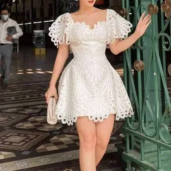 Heavy Industry Lace Hollow Design Short Temperament White Dress Women's Summer Fashion Elegant Slim Fit Waist Closing Dresses