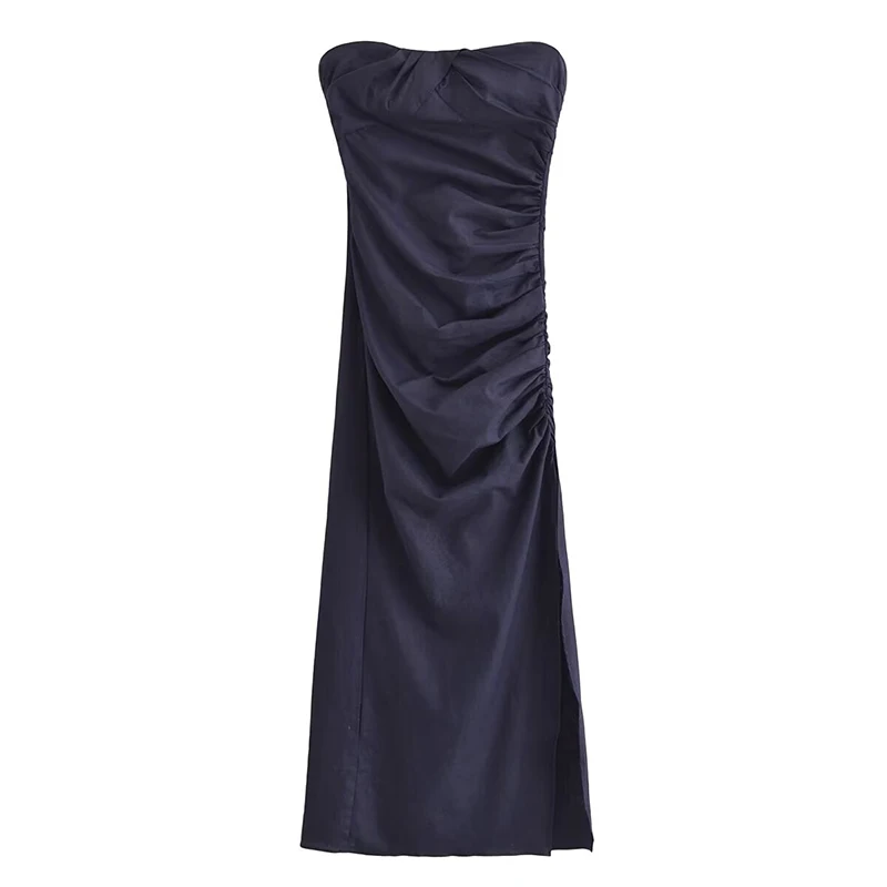YENKYE Sexy Women Ruched Strapless Midi Dress Fashion Side Slit Holiday Party Vestidos Female Summer Dresses Navy Blue Pink