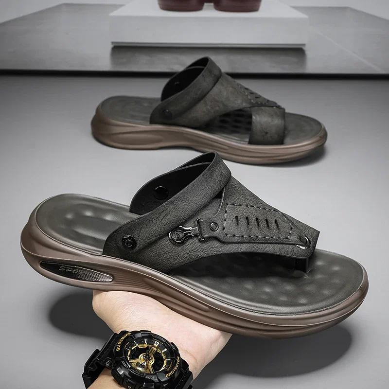 

Summer Soft Sole Anti-slip Beach Shoes For Men 2025 New Designer Slippers Men Solid Color Fashion Casual Leather Sandals Men