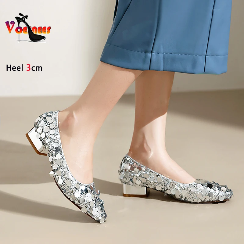 

Autumn Women 3CM Block Heel Pumps Designer 2024 Summer New Sequin Single Shoes Fashion Lady Office Low Heels Woman Shoe 34-43