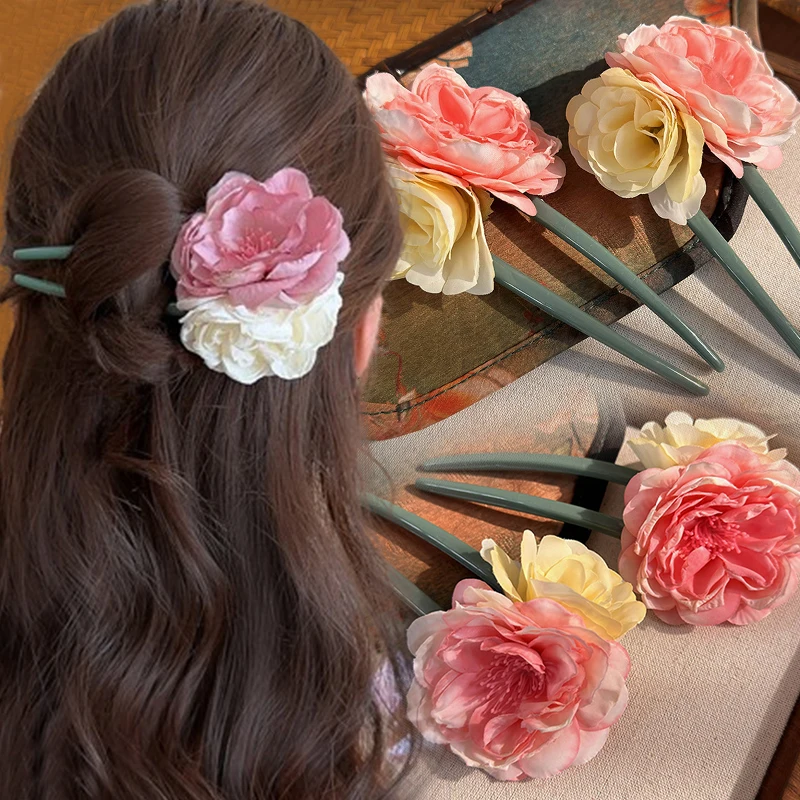 

New Chinese Style Retro Rose Flower U-shaped Hair Pins Wedding Hair Accessories Flowers Bridal Hair Clips for Women Headpieces