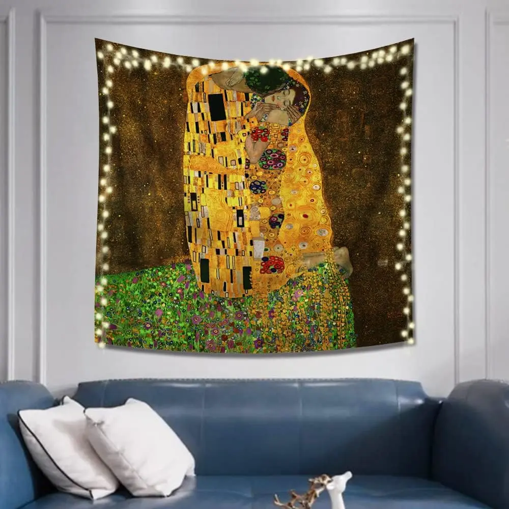 Tapestry Wall Hanging Art Home Decor, The Kiss by Gustav Klimt Art Print Painting for Living Room Bedroom Bathroom Dorm