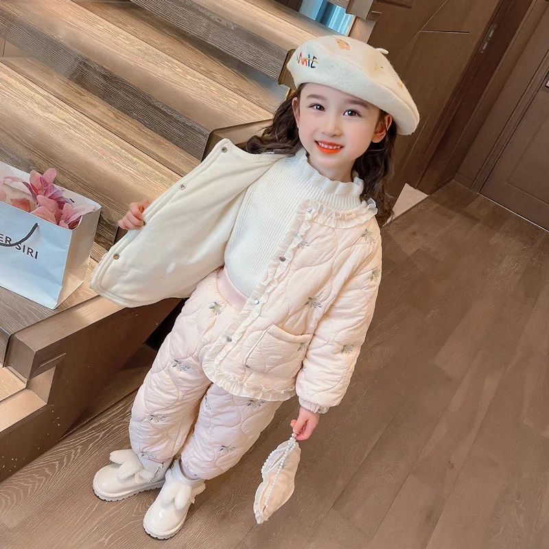 Autumn Winter Children Clothing Sets Baby Girls Coats Pants Kids Clothes Outfits Outdoor Embroidered Floral Princess Tracksuits