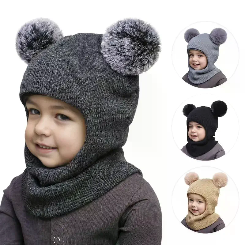 Topi Syal Terpadu Bola Ganda Anak-Anak, Topi Balaclava Lucu untuk Anak Laki-Laki dan Perempuan, Topi Wol Bola Pompom Musim Gugur Musim Dingin