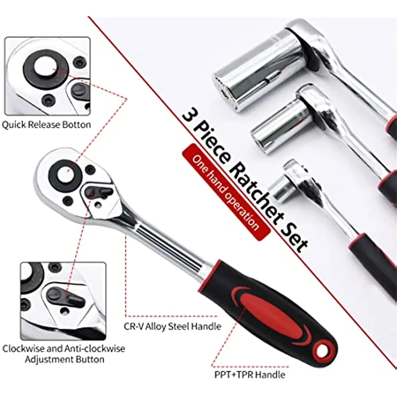 Llave de trinquete de accionamiento, herramienta de mano multifunción Reversible de liberación rápida, mango de trinquete, 1/4, 3/8, 1/4 pulgadas,