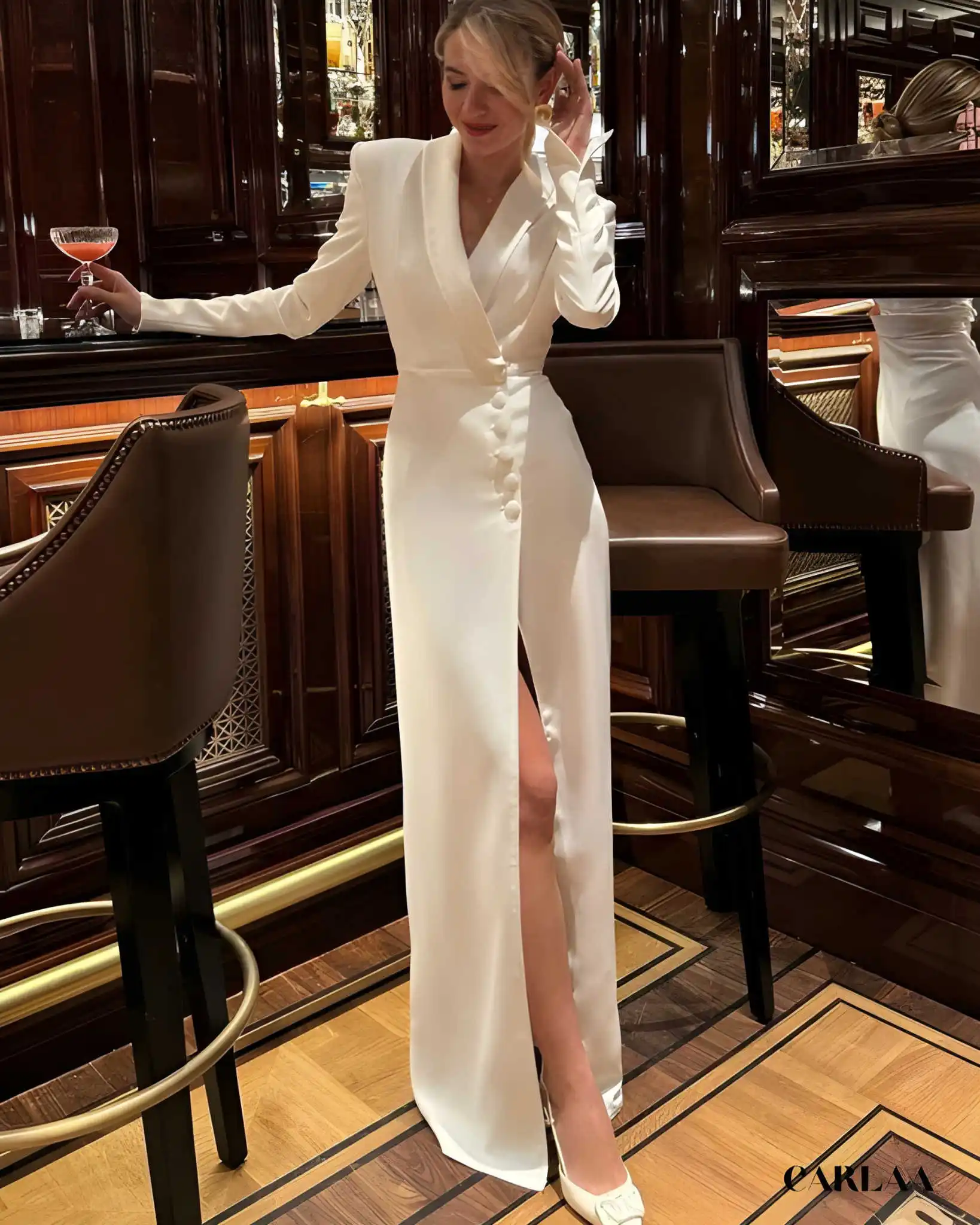 Sleek Floor Length Blazer Dress Shawl Collar Side Buttons High Slit Apparel Suitable For Business Celebration Customized
