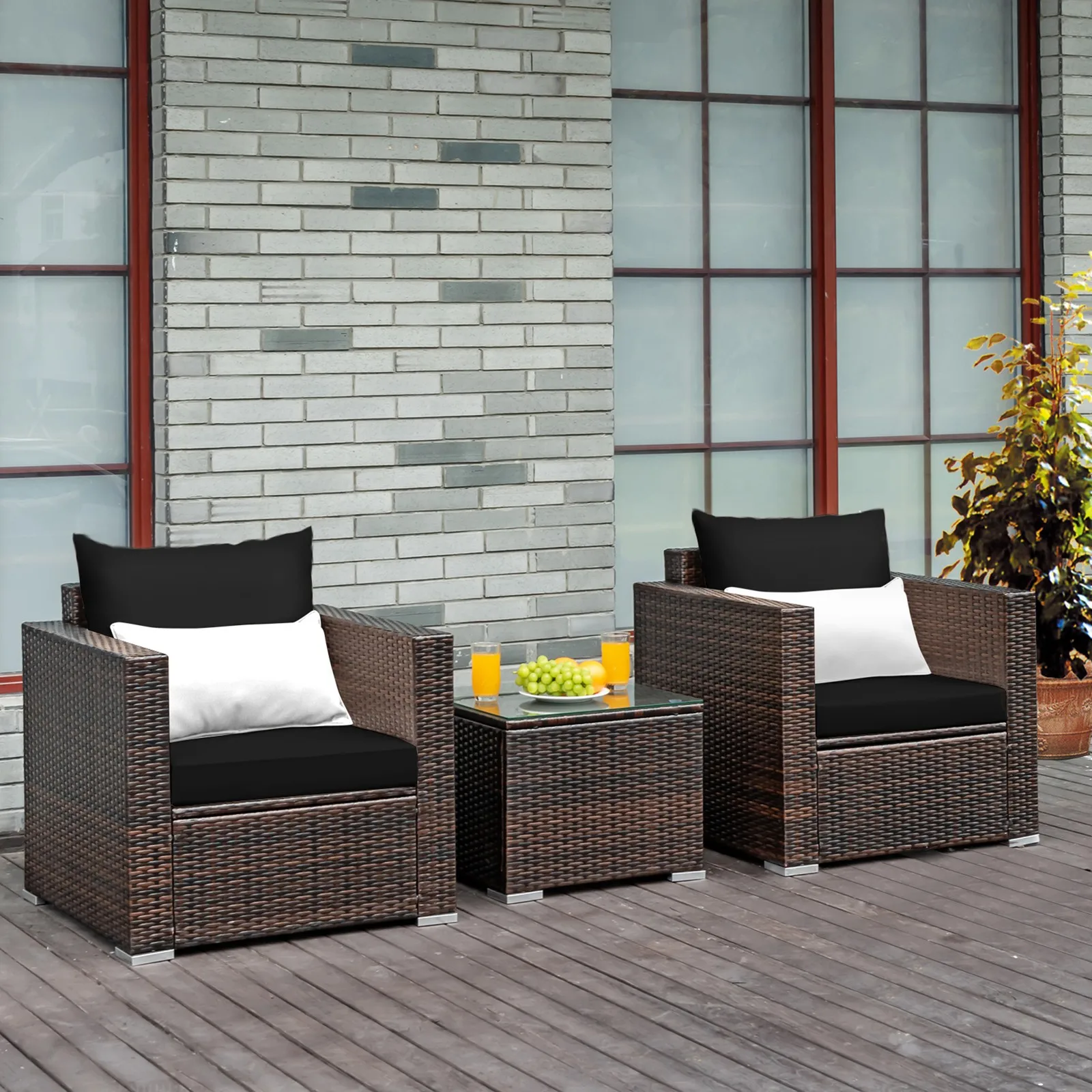 

3PCS Outdoor Furniture Set w/ Black Cushions