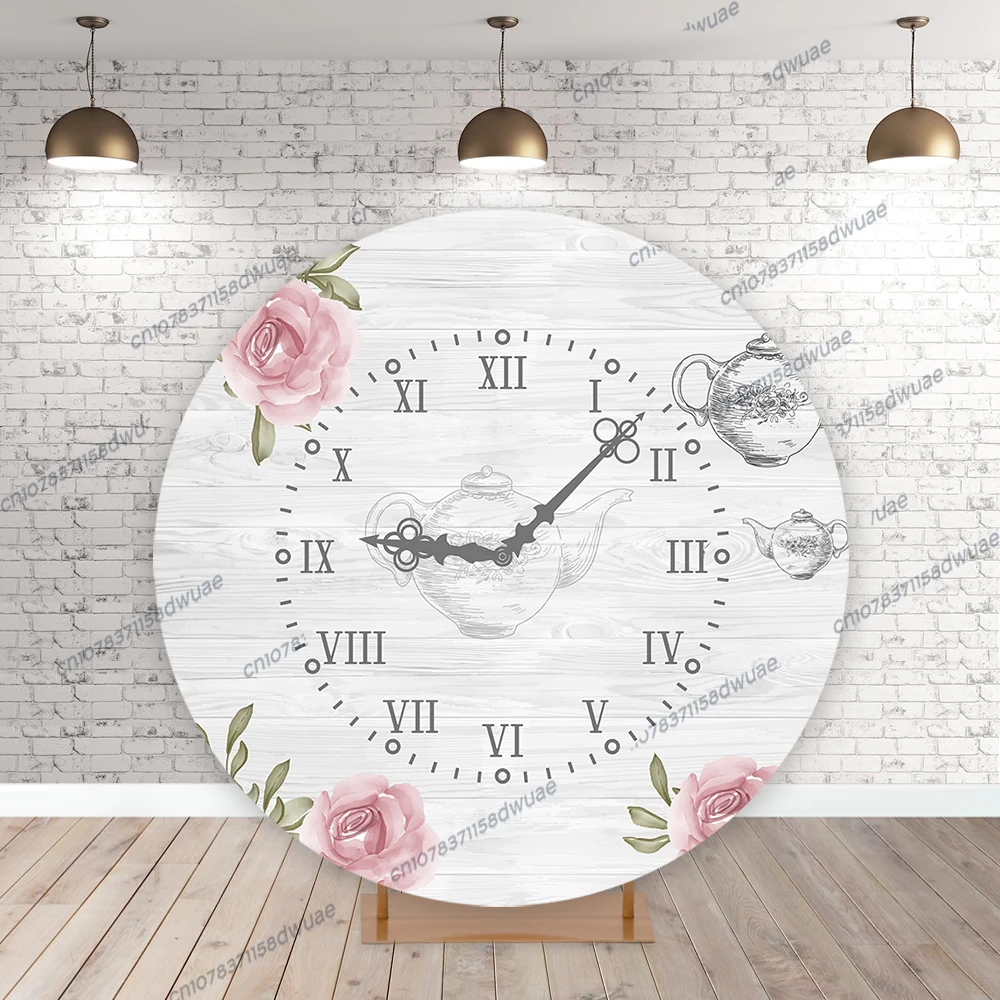 Alice in Wonderland Clock Birthday Party Photo Backdrop Round&Cylinder Cover Photo Background Baby Shower Photography Backdrop