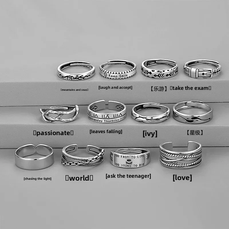 Vintage Mens Stackable Rings Set Antique Personality Trendy Open Adjustable Band Thai Silver Smile Ring for Singles
