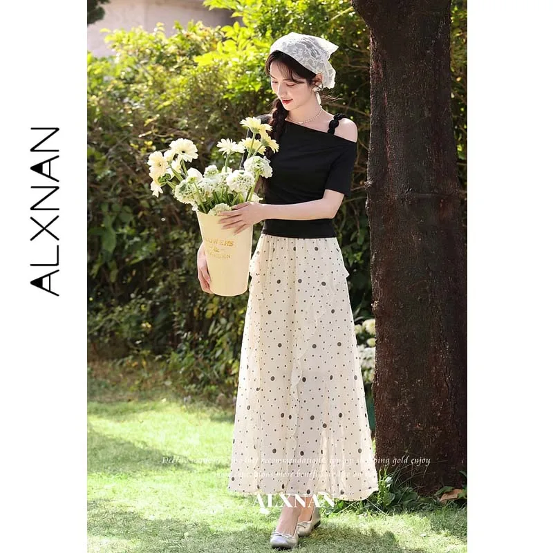 ALXNAN Polka Dot Apricot Skirt Women New Summer Irregular Ruffle Loose-fit A-line Commuter Elegant Ladies Long Skirt L66206