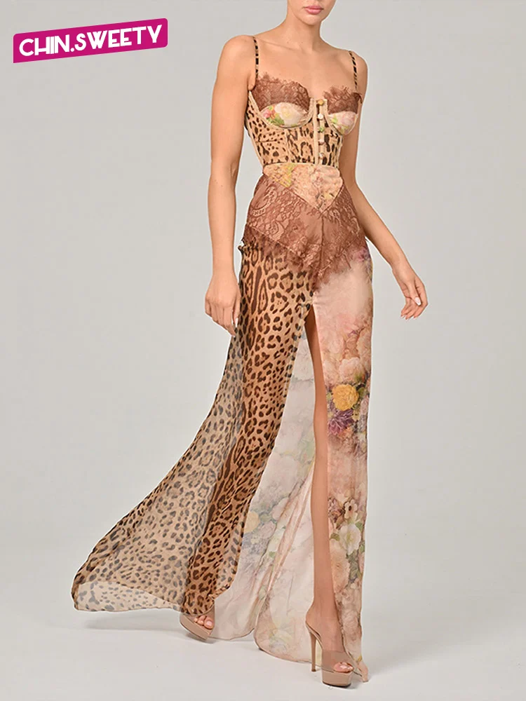 Luipaardprint Dunne Mesh Maxi Jurk Vrouwen Sexy Taille Cinching Sheer Split Lange Sling Toga 2025, Zomer Elegante Avondfeest Gewaad