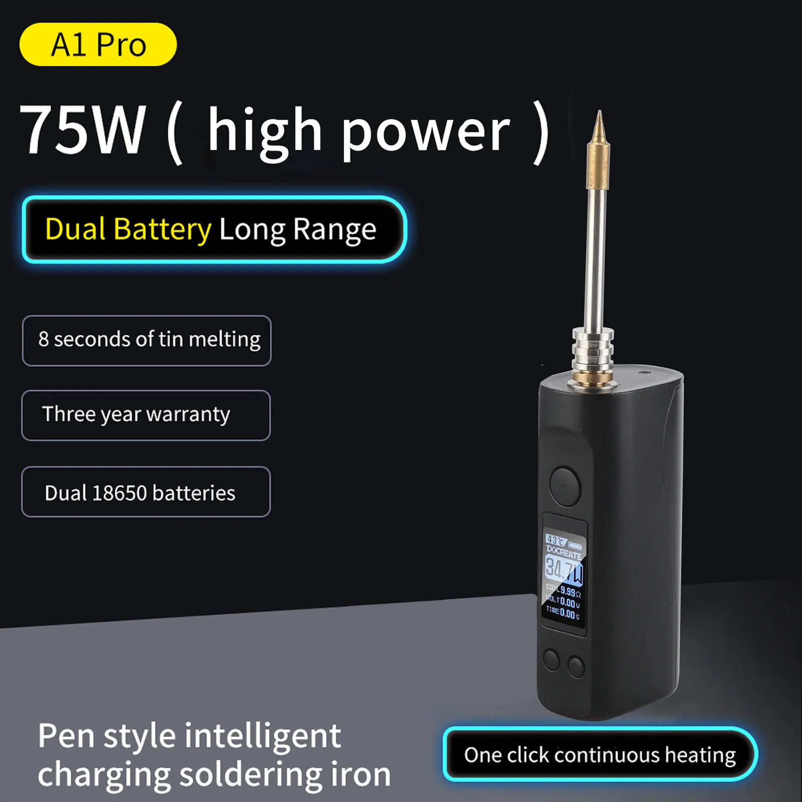 75W Portable Electric Soldering Iron 200-500℃ 8S Tin Melting/Constant Temperature with 3 Solder Tip Digital Smart Soldering Iron