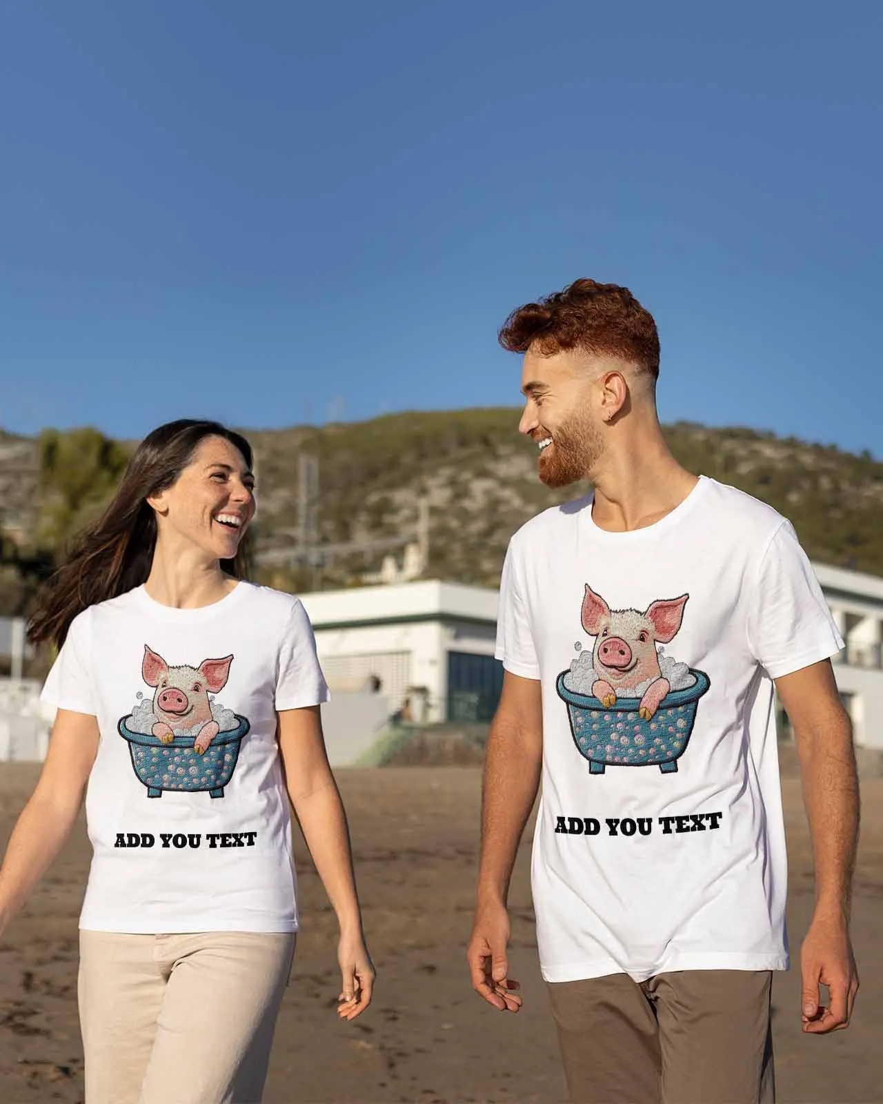 Line Style Bathtub Bath Pig Couple T Shirt Lovers Short Sleeve O Neck Loose Tshirt Fashion Woman Man Tee Shirt