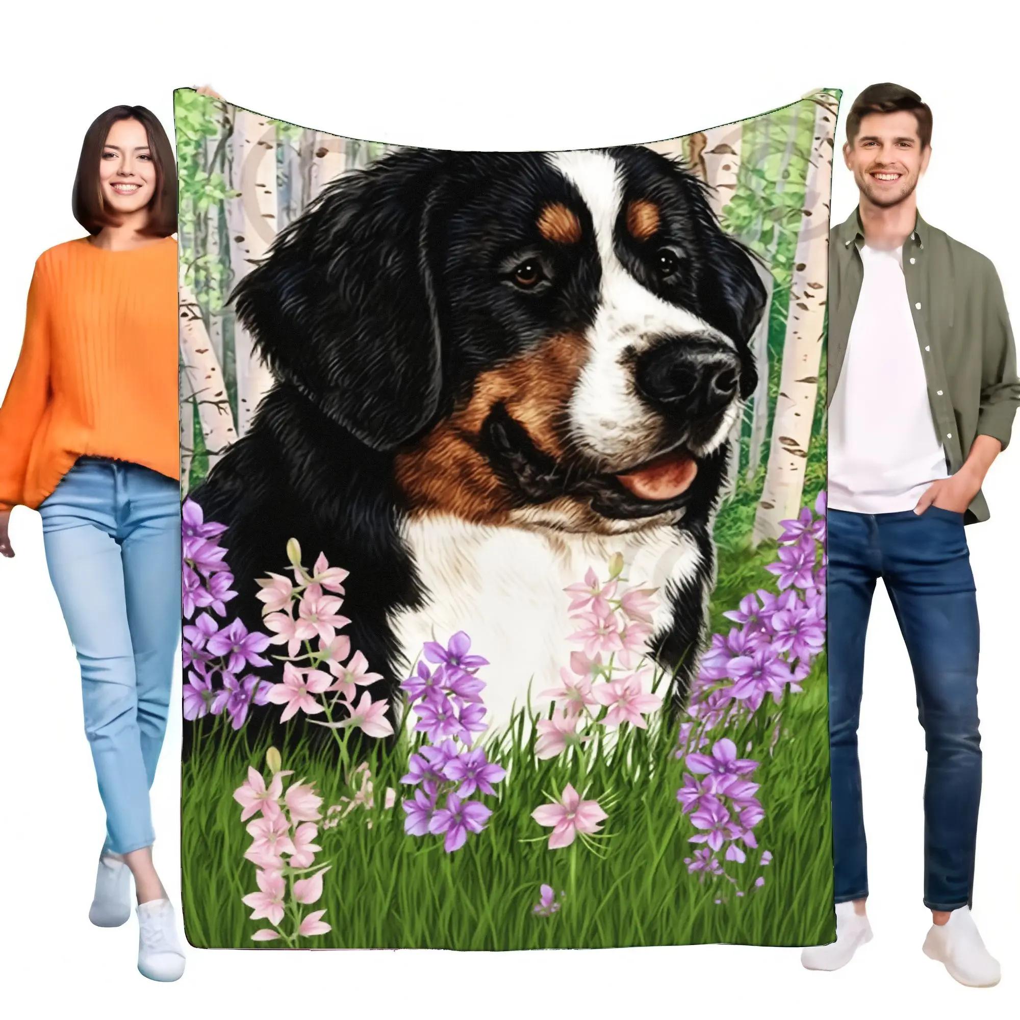 Bunte Berner Sennenhund-Decke mit Blumen- und Naturdesign, gemütlicher, warmer Überwurf, perfekt für Heimdekoration, tolles Geschenk für Hunde