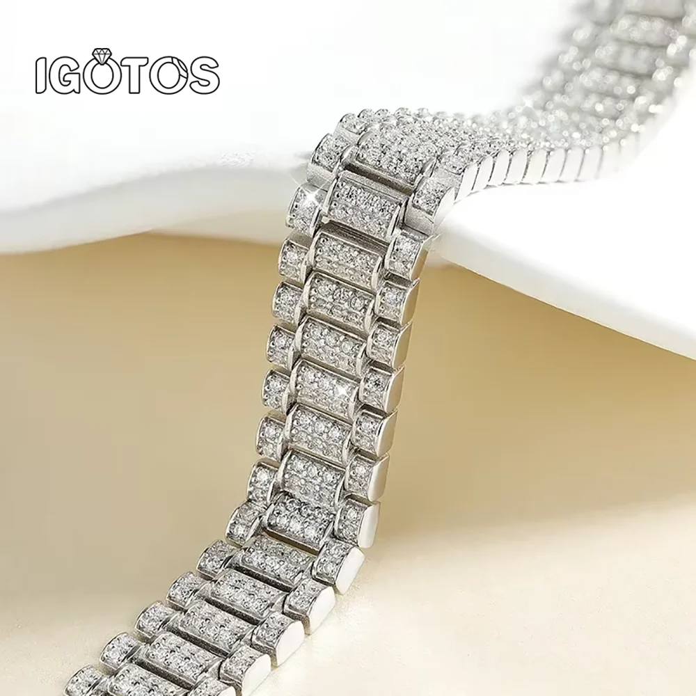 IGOTOS 1.2mm Moissanite Watch Chain Bracelet 925 Sterling Silver Certified Women Men Full Diamond Bangle Fine Jewelry