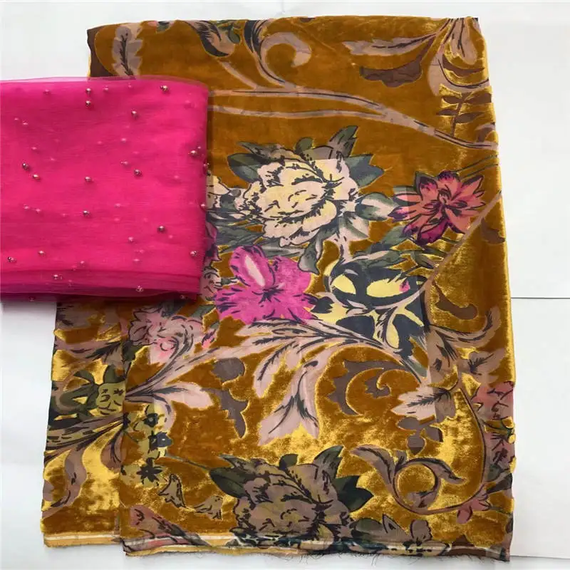 5+2 Yards High Quality African Velvet Fabric For Ladies To Wear Soft And Comfortable Printed Silk Velvet Fabric.517