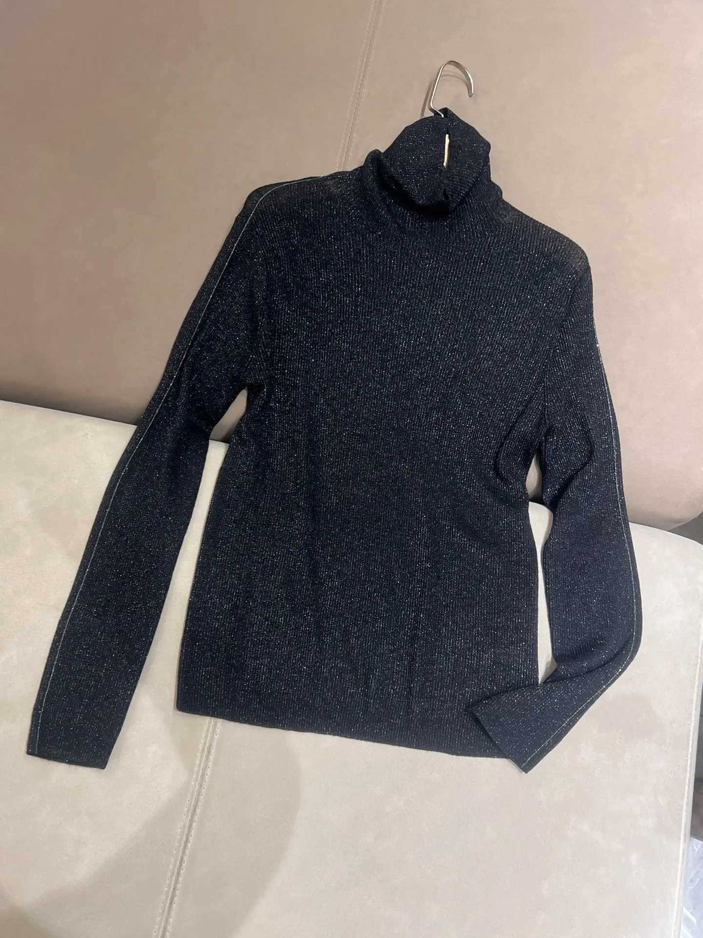 Autumn B*C Women\'s Ultra-thin High-Necked Wool Bottoming Shirt Long-sleeved Knitted Sweater Sparkling Pullover