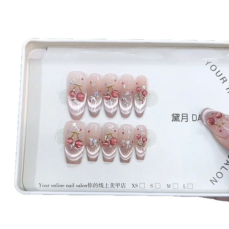 

Hand-worn nail cat's eye cherry three-dimensional hand-painted big cherry French cat's eye high-end nail patch