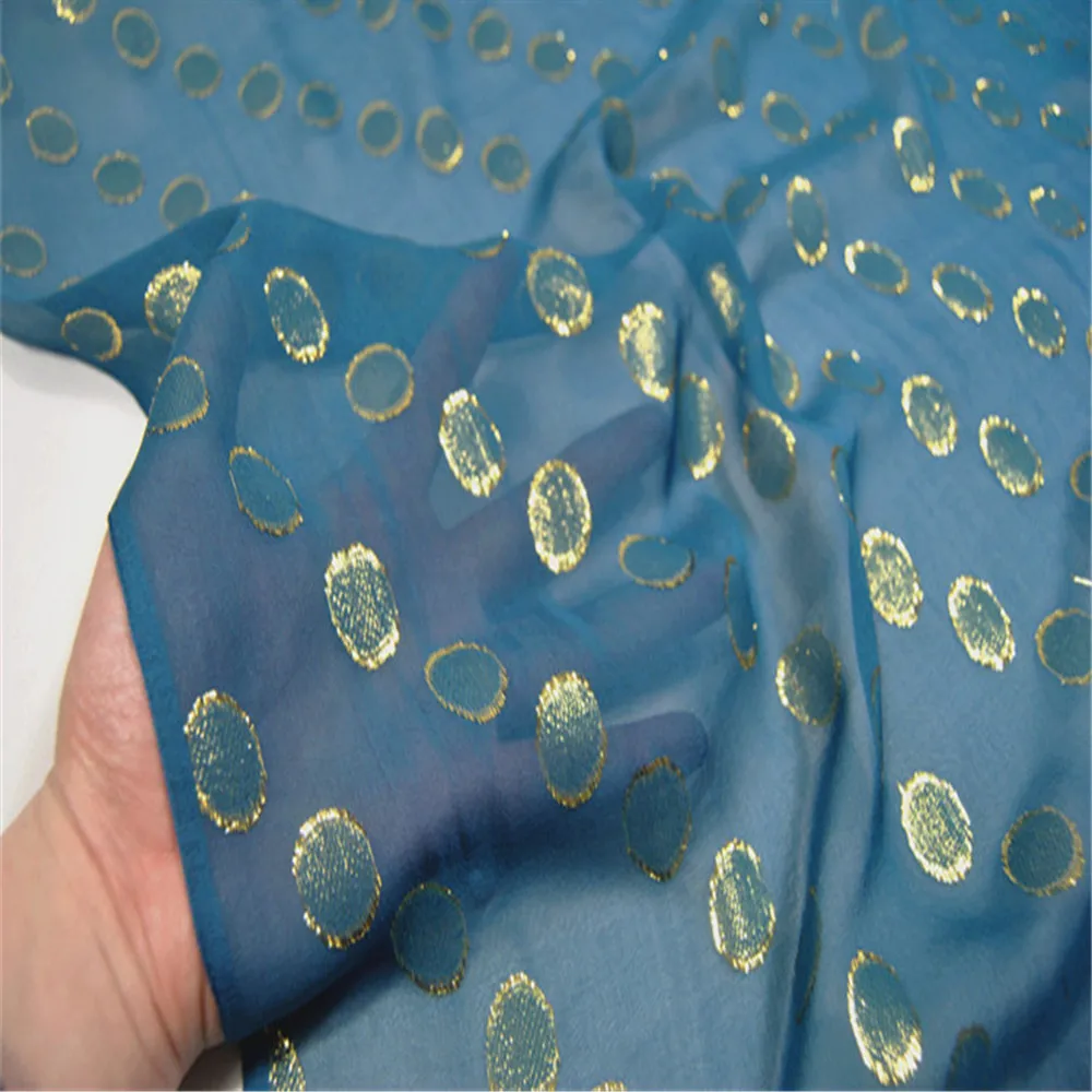 Soft Shiny Elegant Beautiful Silk Lurex Fabric Metallic Dot Blue Gold Fashion for Men Women Lace Shirt  Shawl