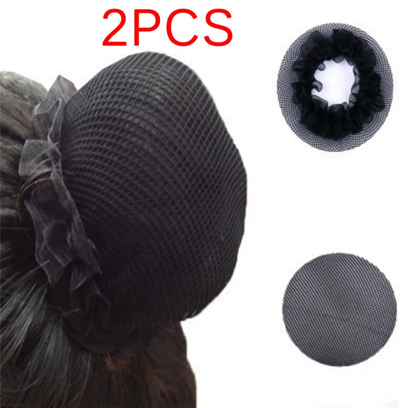 2pcs Black Bun Cover Snood Women Hair Net Ballet Dance Skating Crochet Fanchon Rhinestone Styling Headwear Accessories