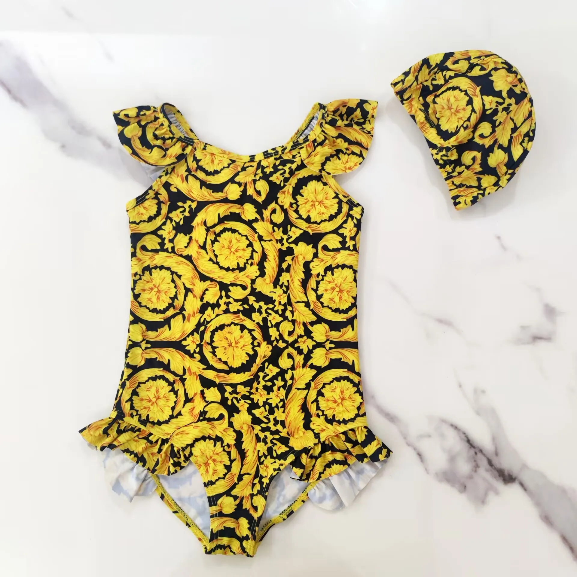 

2025 children swimsuit little girls' swimsuit gold flower printed bodysuit hot spring one-piece quick dry swimsuit