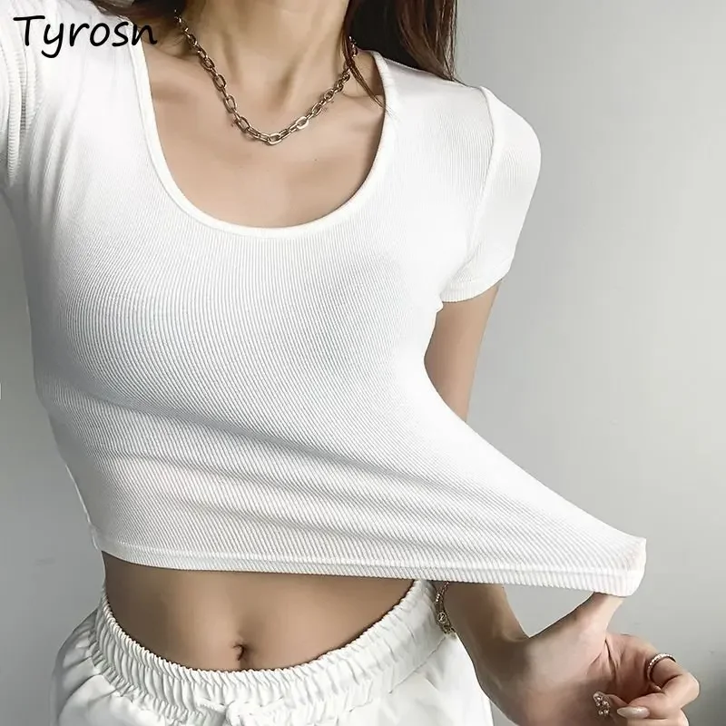 

Basic Solid T-shirts Women Sexy Slim Crop Tops Summer All-match Temperament Streetwear Fashion Lady Casual Short Sleeve Clothing