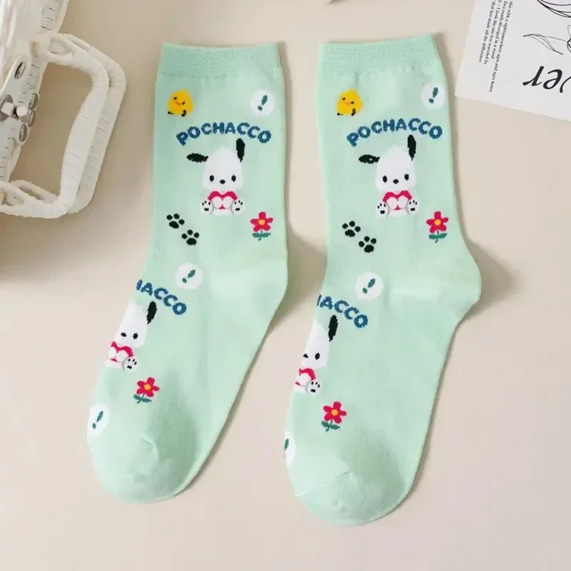 Sanrio Pochacco Meias Mid-Calf Cartoon para Mulheres, Anime Estudante, Mantenha Quente, Brinquedos Protetoras dos Pés, Presentes Kawaii para Meninas, 5 Pares