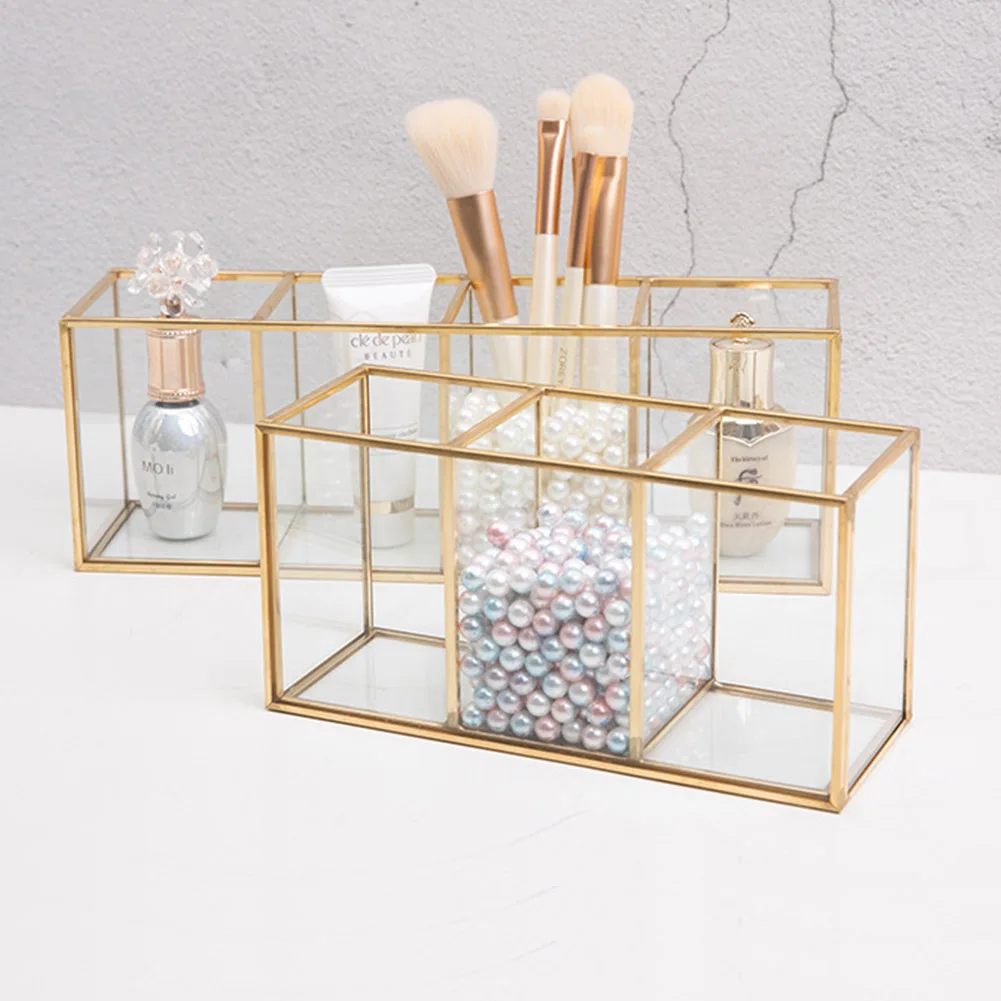 

Nordic Transparent Painting Grid Glass Storage Tank Box Luxury Modern Container Makeup Cosmetics Storage Brush Storage Hot Sale