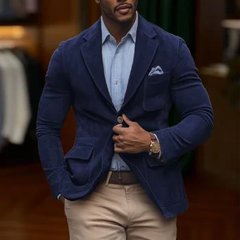 Men's Suede Brown Blazer Vintage Slim Fit Notched Lapel Formal Jacket High Quality Flap Pocket Sport Coat For Business Casual 14