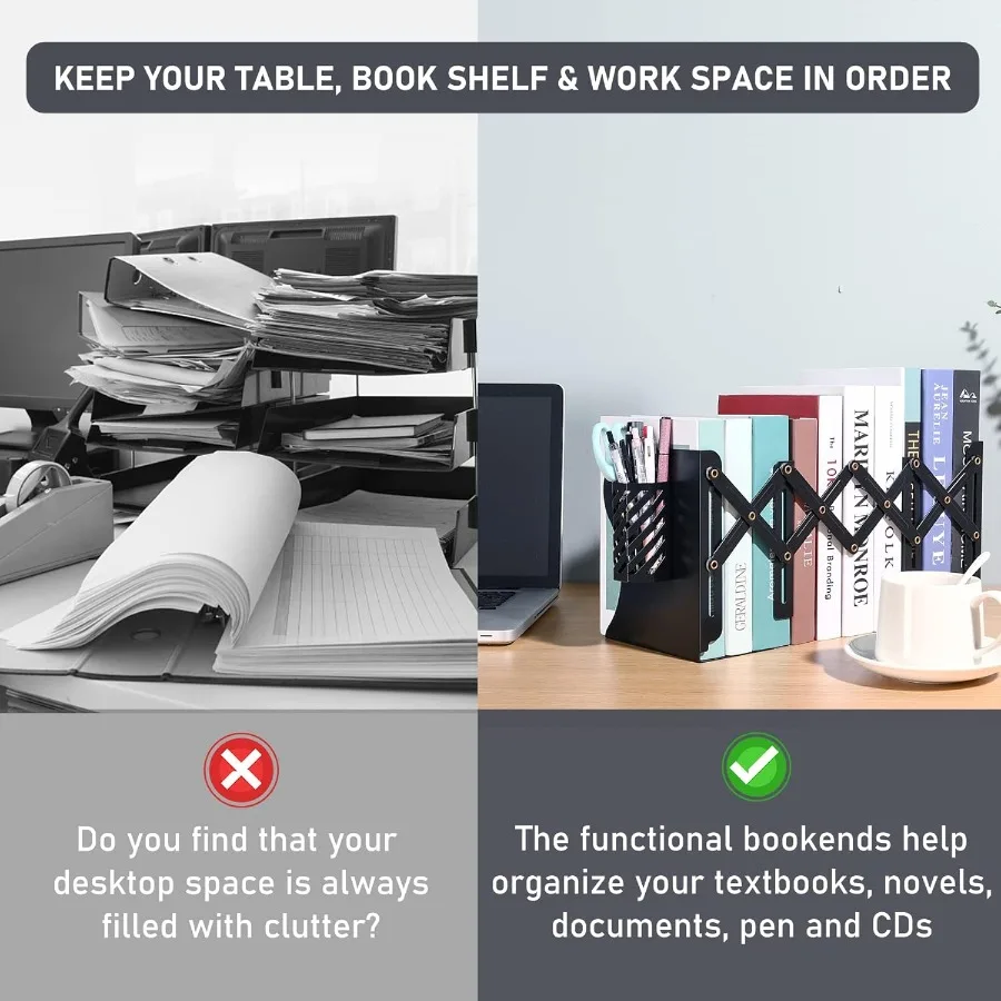 Book Ends Adjustable Metal Bookends Book Holde for Shelves Desk Magazine File Organizer Holder for Office Books Pape Extends up